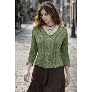 Fairy Grunge Top L Green Embroidered Vines Renaissance Goblincore Tie Back Rayon